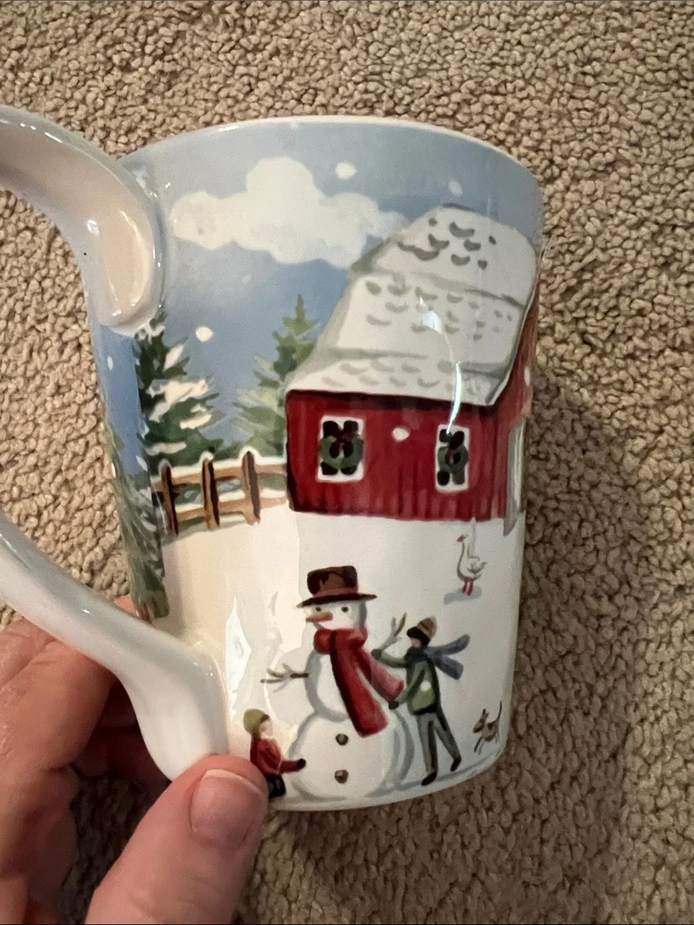 Pier 1 Red Barn Holiday Mug with Snowy Scene sleigh snowman
